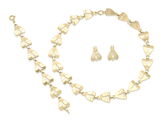 Vintage 1940s Retro Gold Petals Necklace Bracelet and Earrings Set