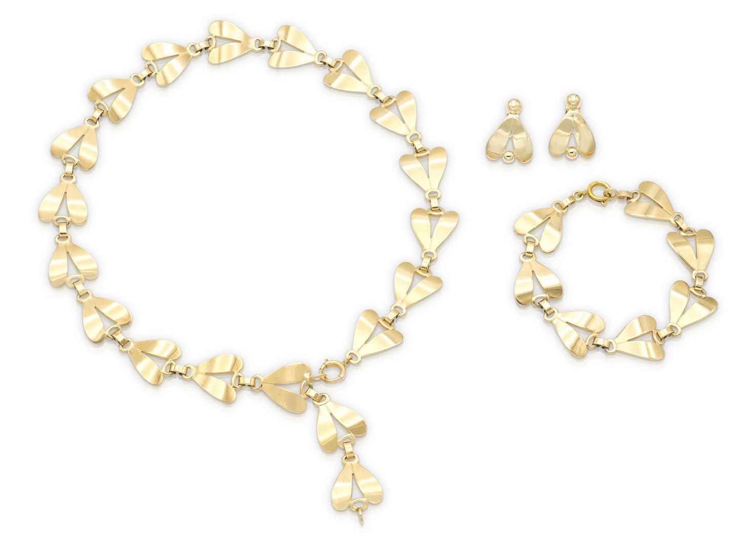 Vintage 1940s Retro Gold Petals Necklace Bracelet and Earrings Set
