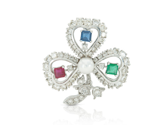 Multi-Gem Clover Brooch