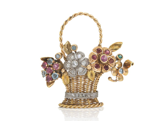Vintage 1940s Retro Multi-Gem Flower Basket Brooch