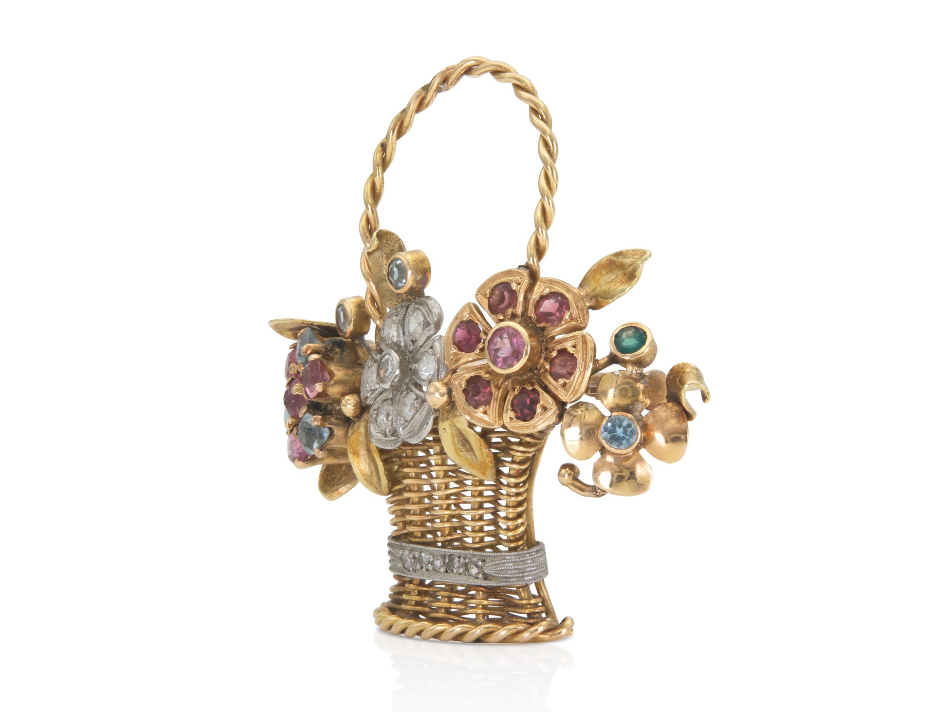 Vintage 1940s Retro Multi-Gem Flower Basket Brooch