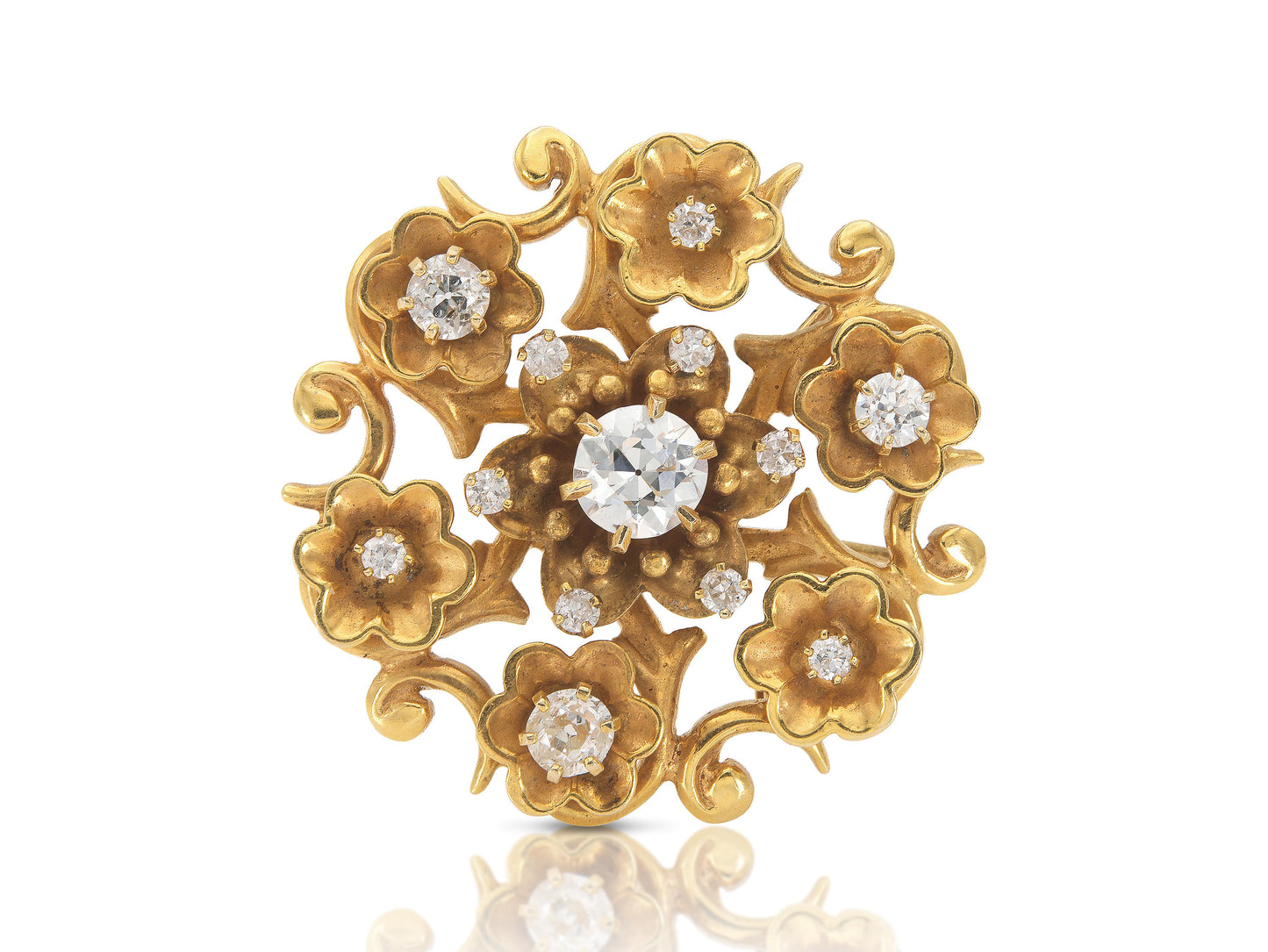 Antique Victorian Gold and 2.00 Carat Diamond Flowers Brooch Pendant