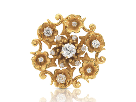 Antique Victorian Gold and 2.00 Carat Diamond Flowers Brooch Pendant