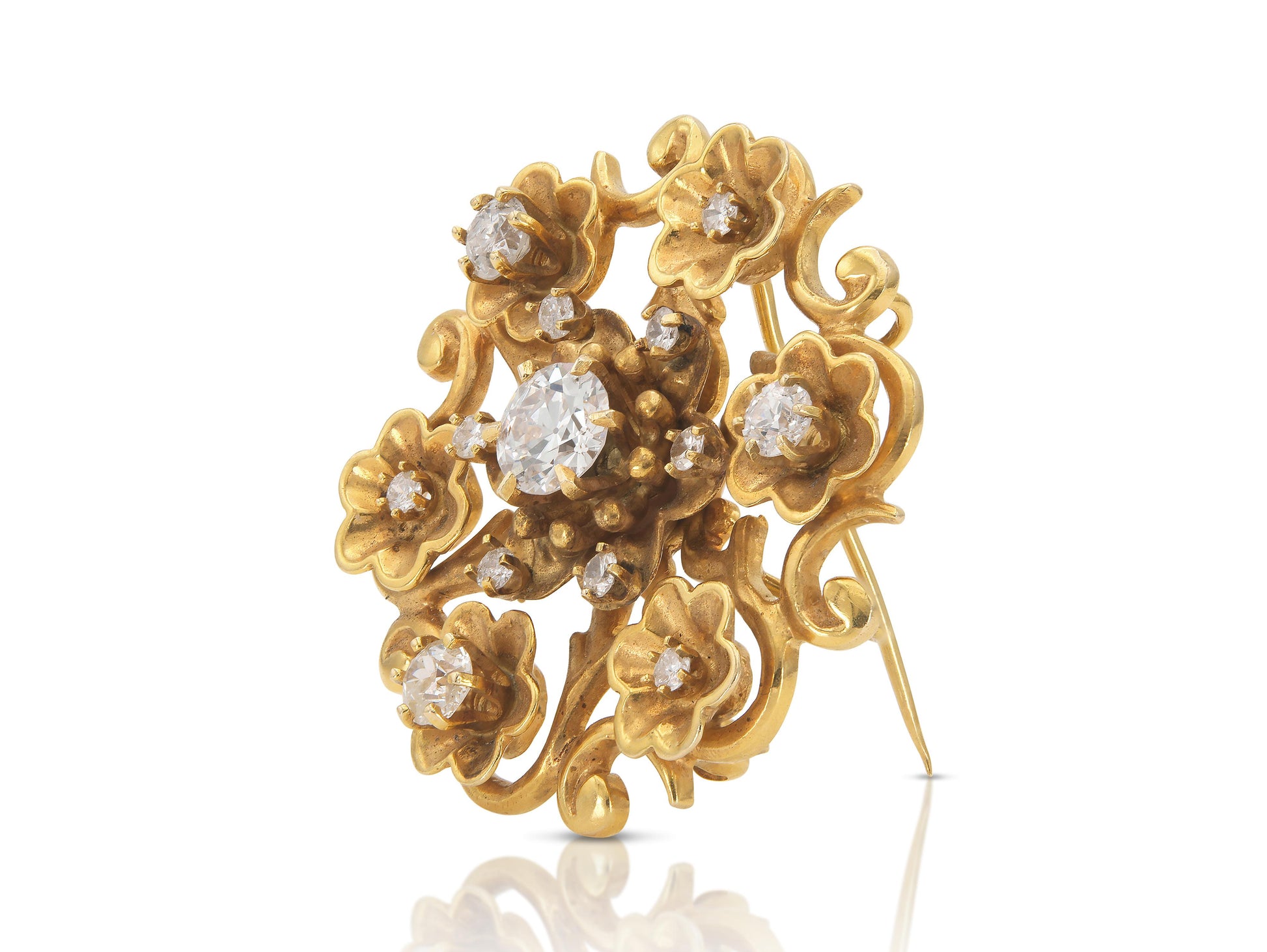 Antique Victorian Gold and 2.00 Carat Diamond Flowers Brooch Pendant