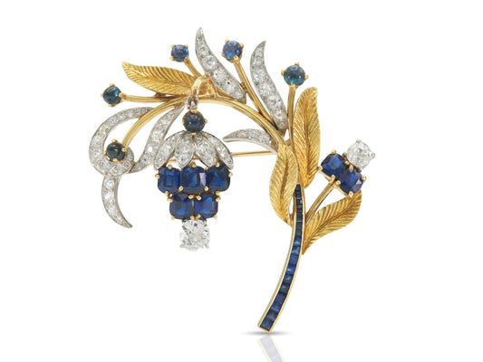 Vintage 1940s Retro Sapphire & Diamond Dangling Grape Vine Brooch