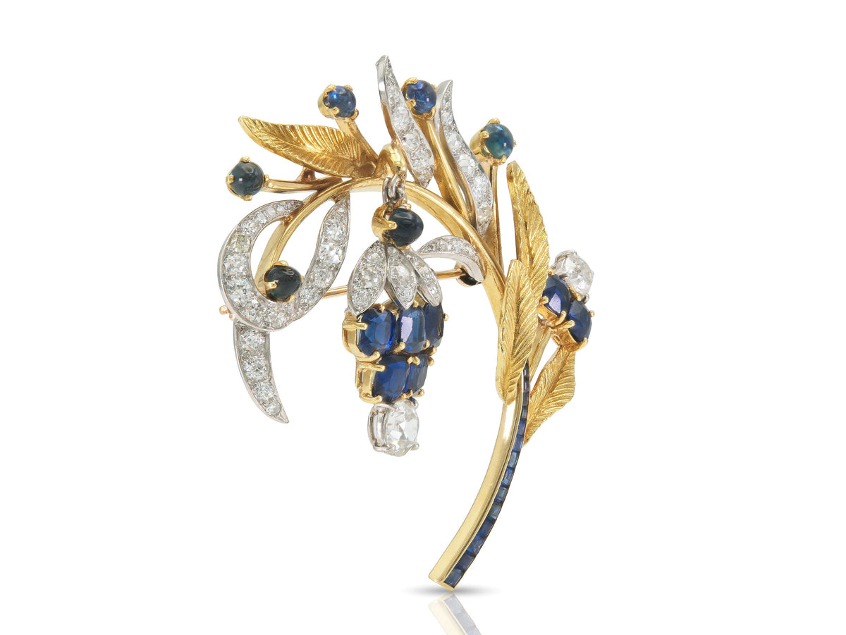Vintage 1940s Retro Sapphire & Diamond Dangling Grape Vine Brooch