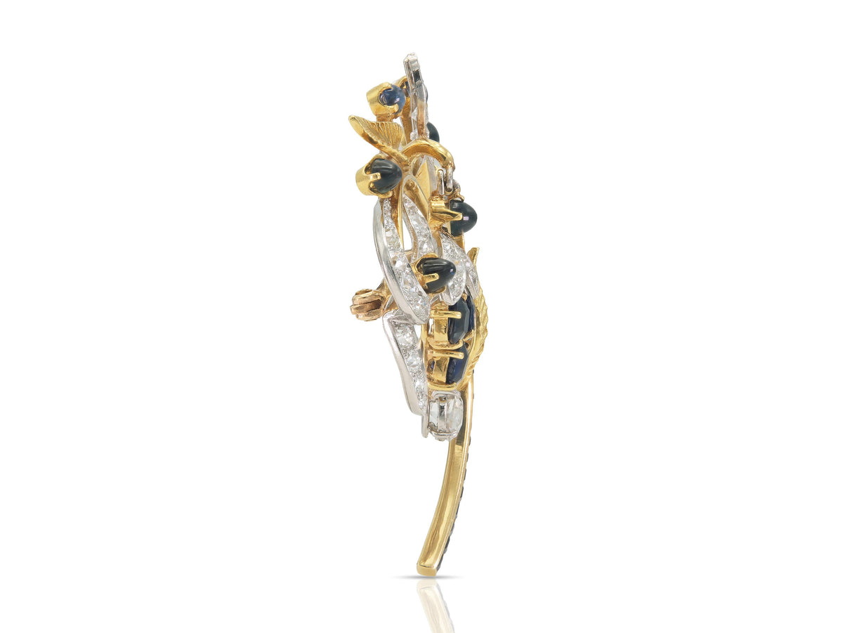 Vintage 1940s Retro Sapphire & Diamond Dangling Grape Vine Brooch