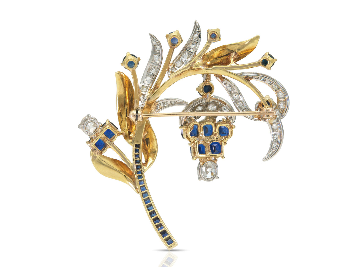 Vintage 1940s Retro Sapphire & Diamond Dangling Grape Vine Brooch