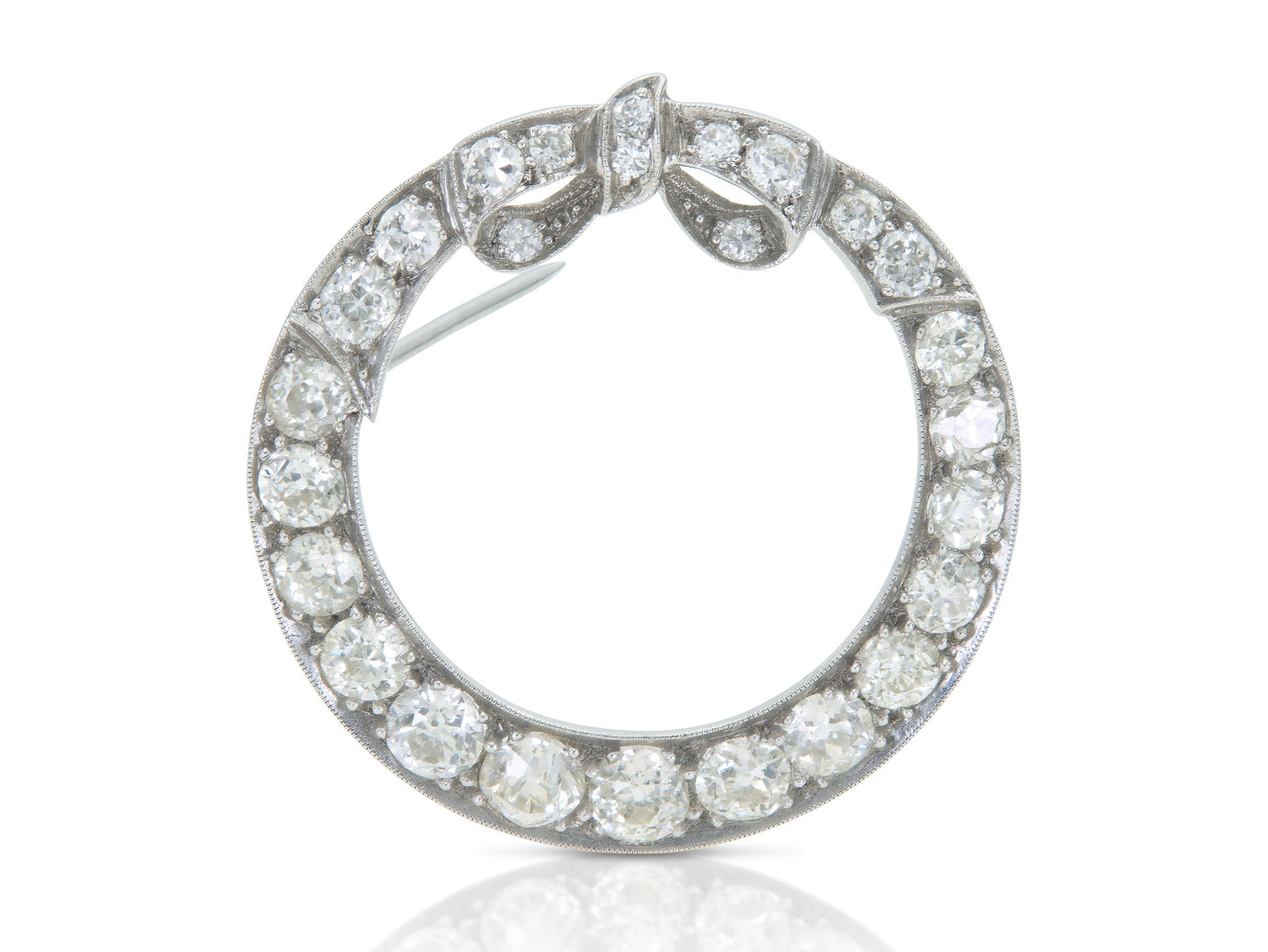 Antique Art Deco 1920s 3.50 Carat Diamond Circle Bow Brooch