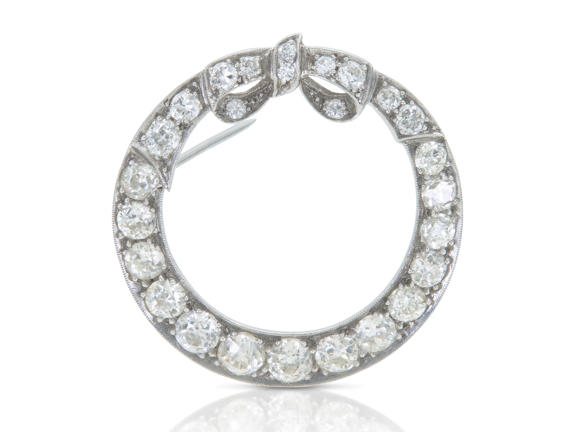 Antique Art Deco 1920s 3.50 Carat Diamond Circle Bow Brooch
