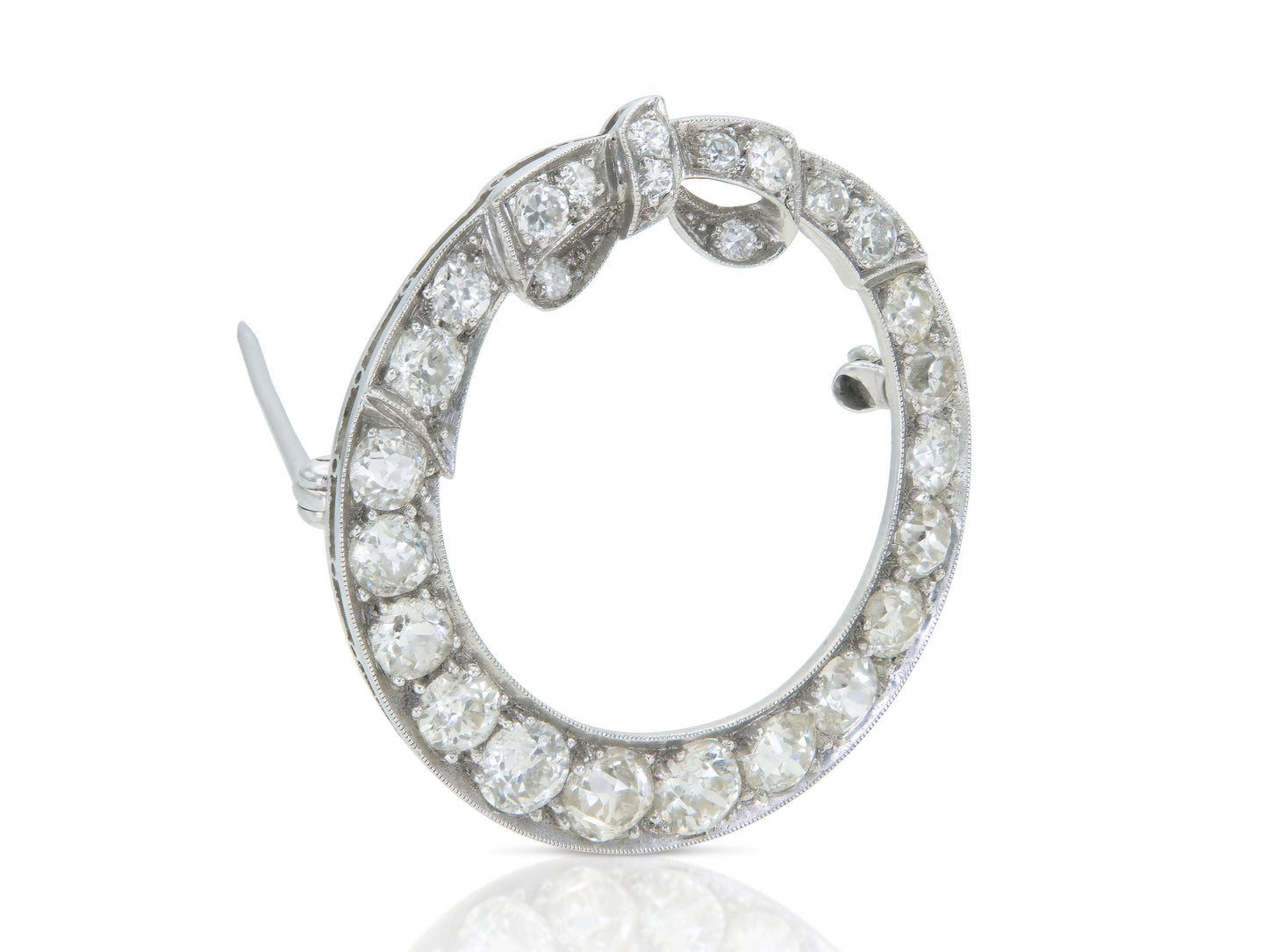 Antique Art Deco 1920s 3.50 Carat Diamond Circle Bow Brooch