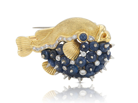 Vintage 1970s Cabochon Sapphire Blowfish Brooch with Diamonds