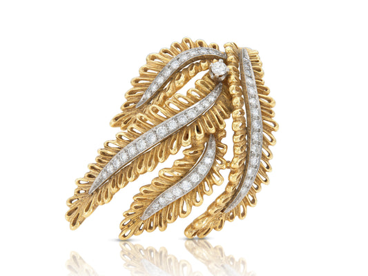 Vintage 1950s Gold Feathers Brooch with Diamonds