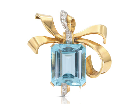 Vintage 1940s Retro 40.00 Carat Aquamarine Brooch with Diamonds
