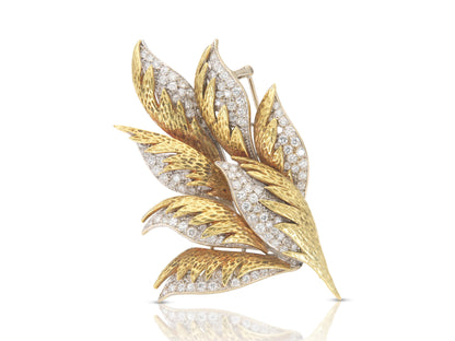 Vintage 1970s Gold and 4.00 Carat Diamond Leaves Brooch