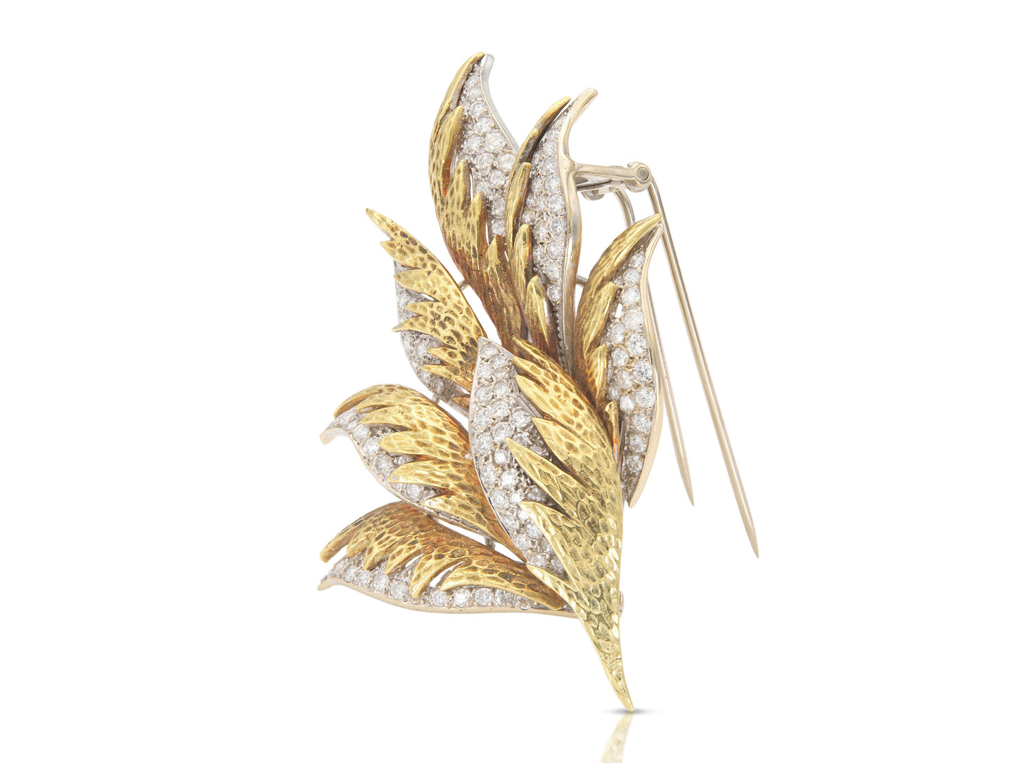 Vintage 1970s Gold and 4.00 Carat Diamond Leaves Brooch