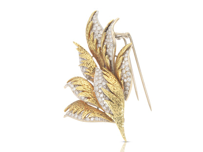 Vintage 1970s Gold and 4.00 Carat Diamond Leaves Brooch