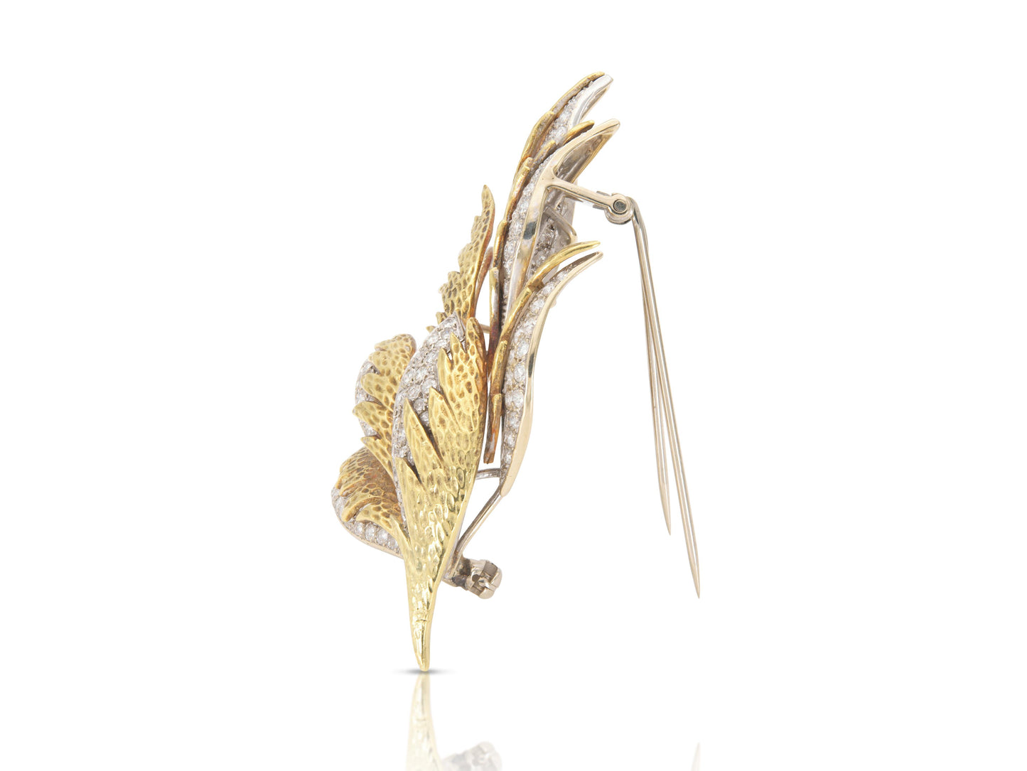 Vintage 1970s Gold and 4.00 Carat Diamond Leaves Brooch