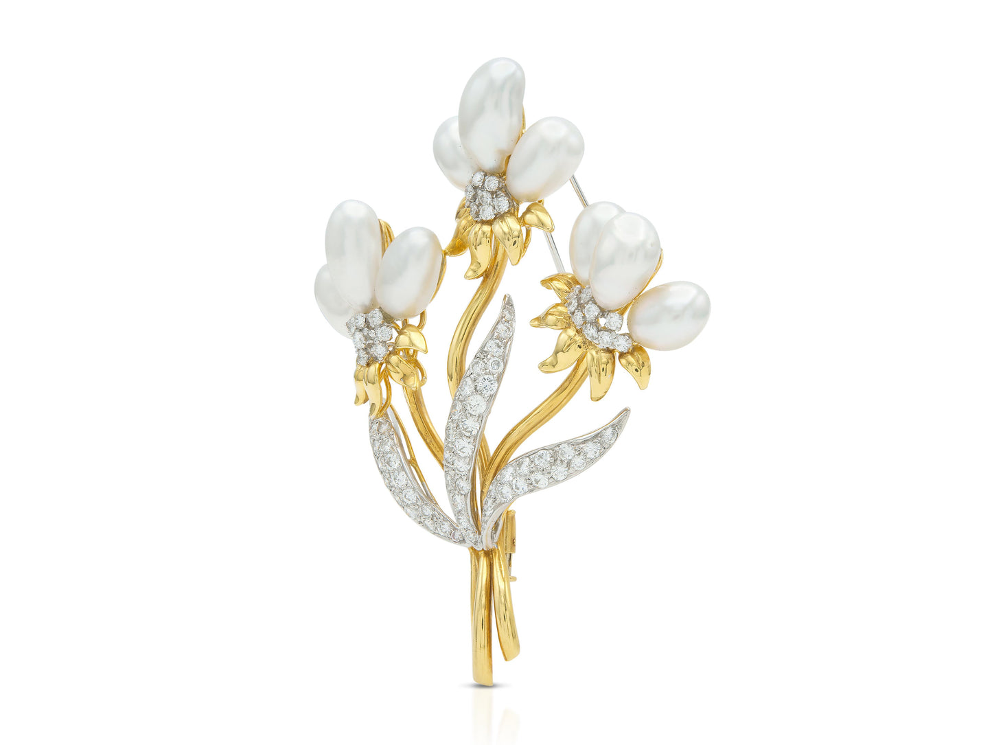Vintage 1980s Trio Pearl and Diamond Flowers Brooch