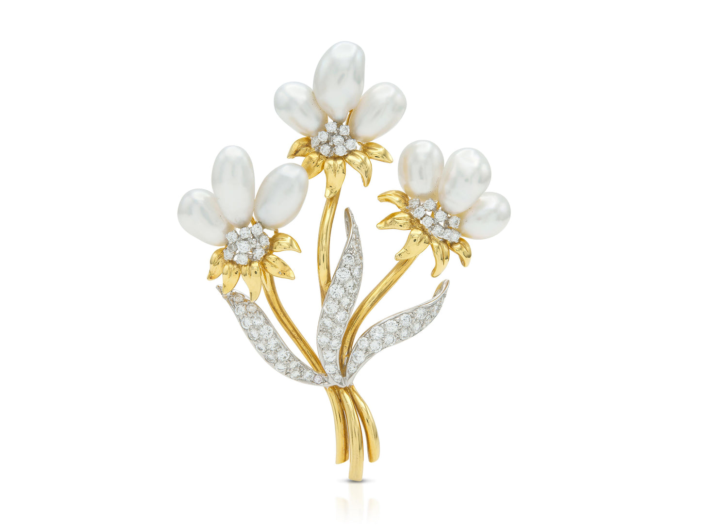 Vintage 1980s Trio Pearl and Diamond Flowers Brooch