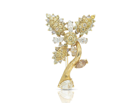 Vintage 1950s 6.00 Carat Yellow and White Diamond Flower Brooch