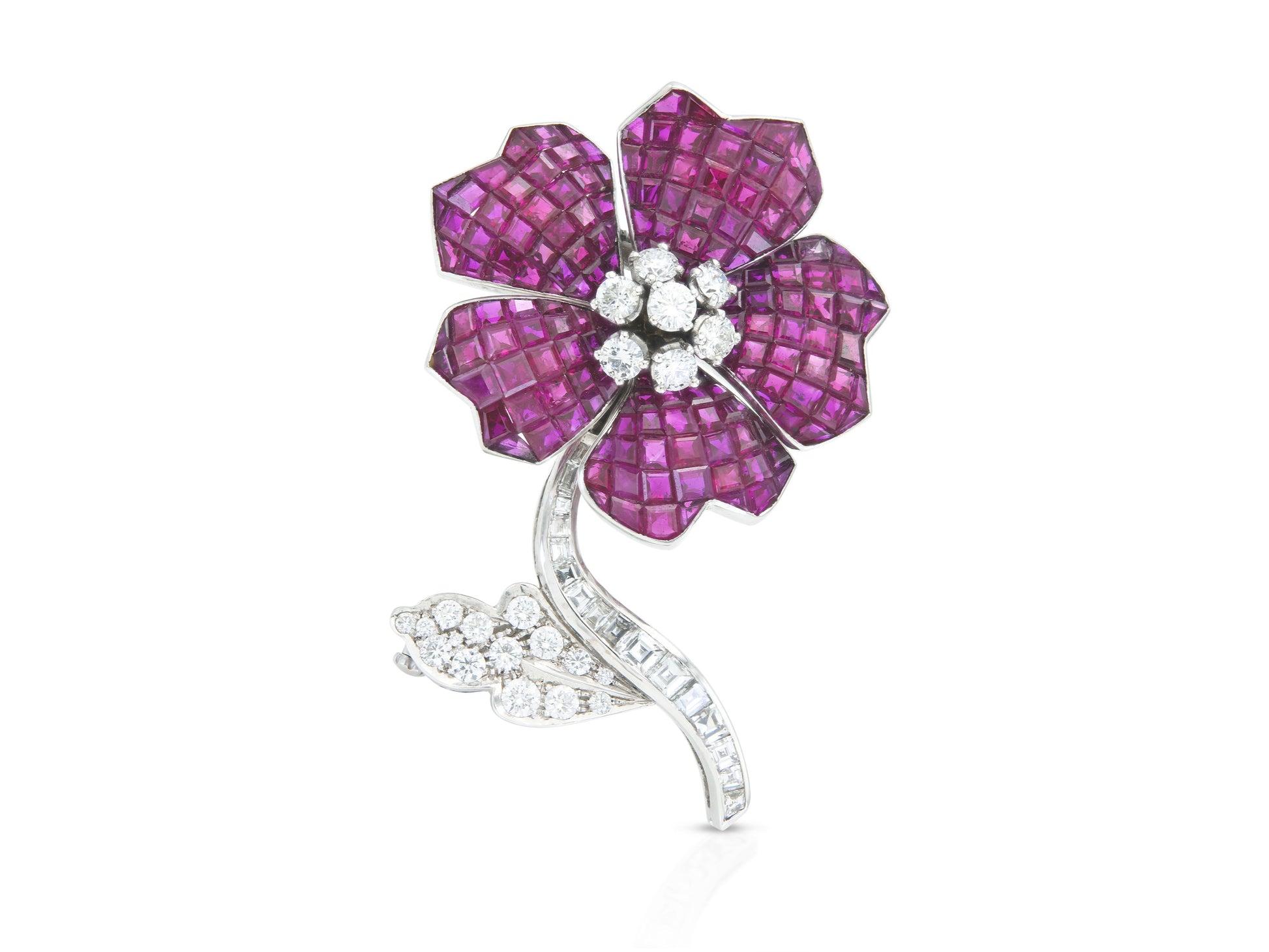 Vintage 1950s Invisible Set Ruby Flower Brooch with Diamonds