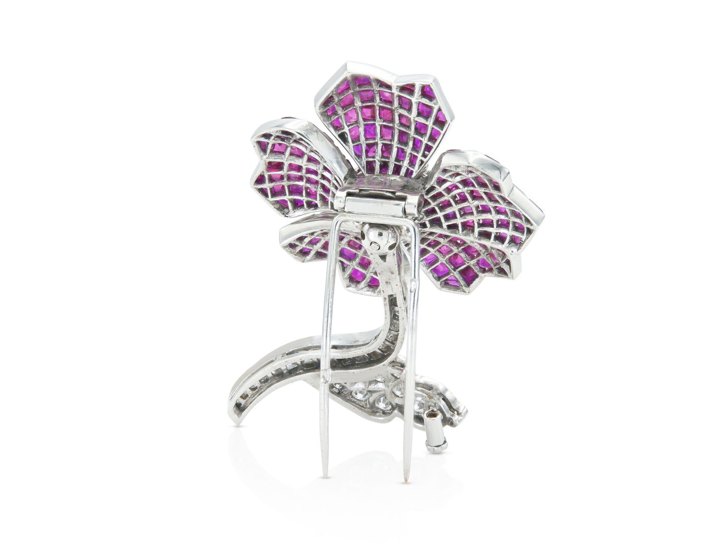 Vintage 1950s Invisible Set Ruby Flower Brooch with Diamonds