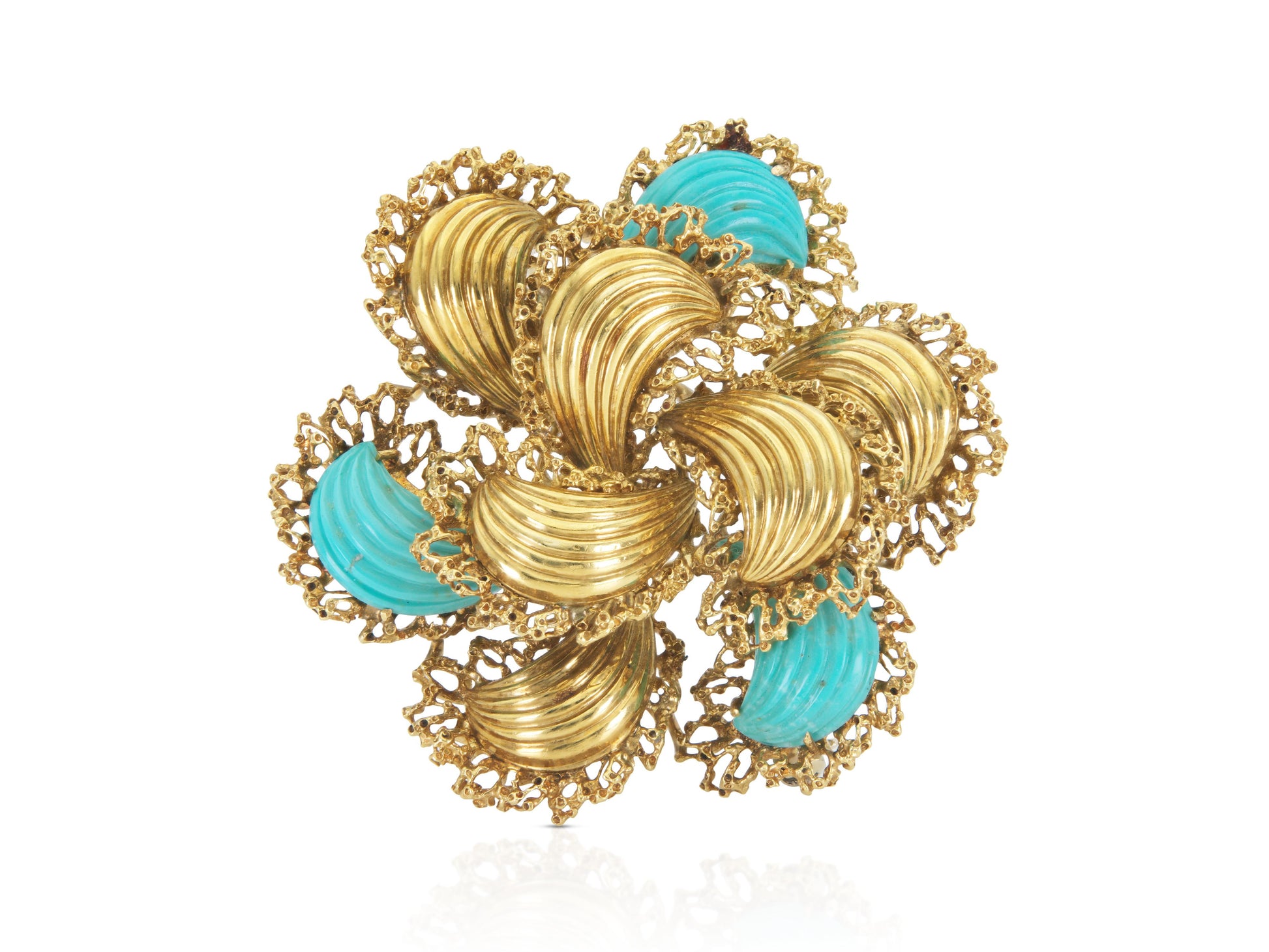 Vintage 1960s Gold and Carved Turquoise Flower Brooch