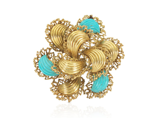 Vintage 1960s Gold and Carved Turquoise Flower Brooch