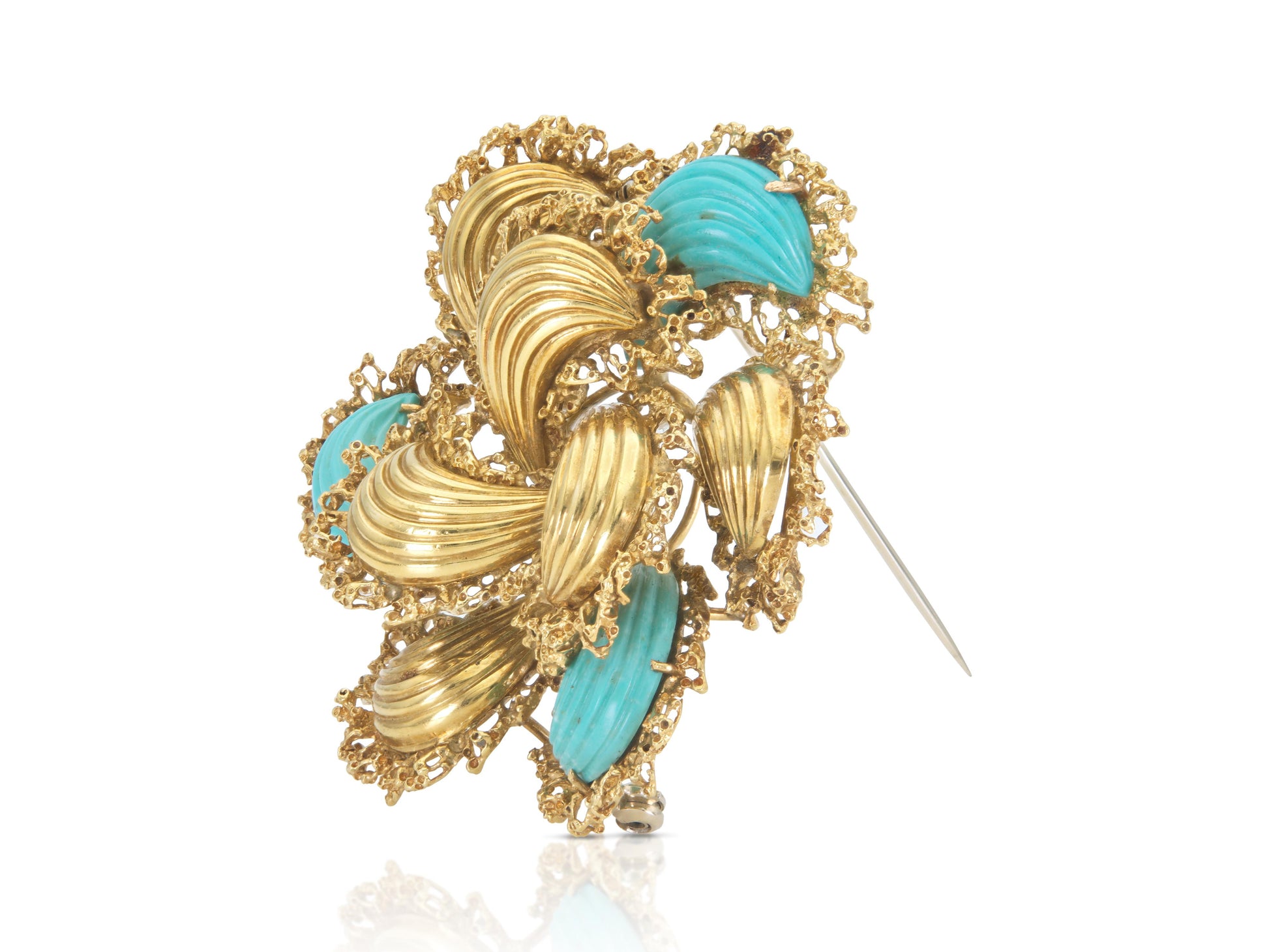 Vintage 1960s Gold and Carved Turquoise Flower Brooch