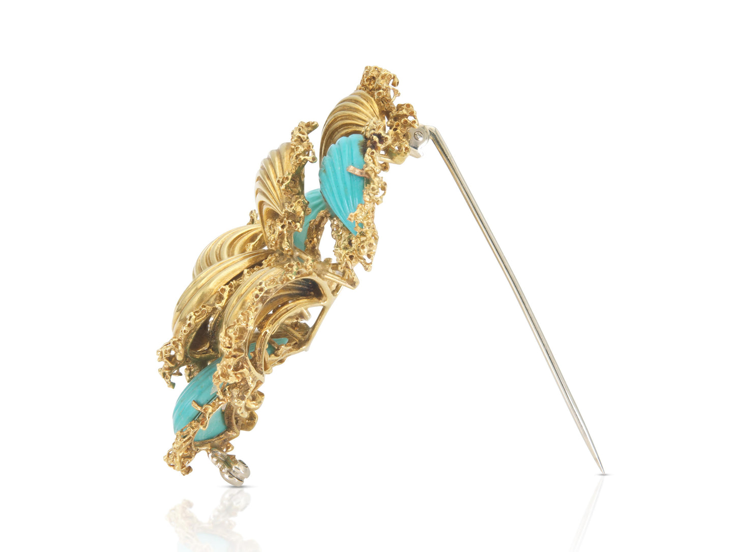 Vintage 1960s Gold and Carved Turquoise Flower Brooch