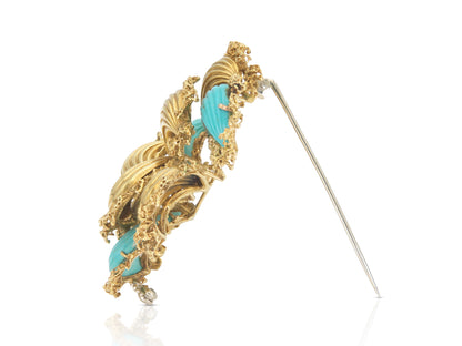 Vintage 1960s Gold and Carved Turquoise Flower Brooch