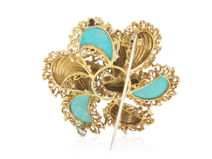 Vintage 1960s Gold and Carved Turquoise Flower Brooch