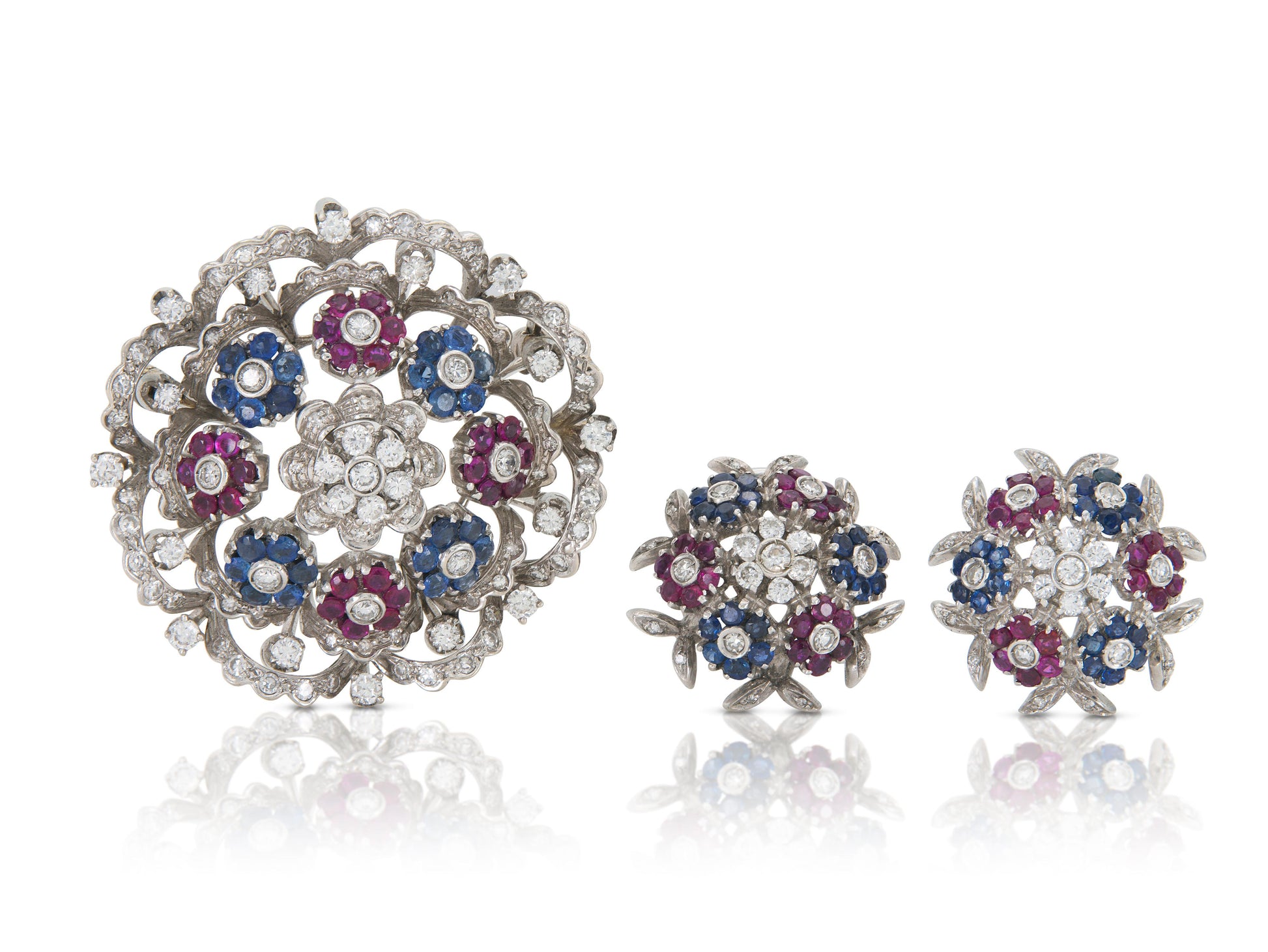 Vintage 1950s Diamond, Sapphire & Ruby Brooch and Earrings Set