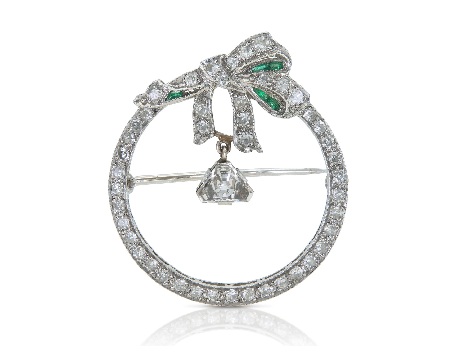 Antique Art Deco 1920s Diamond Circle Bow Brooch with Emeralds
