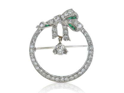 Antique Art Deco 1920s Diamond Circle Bow Brooch with Emeralds