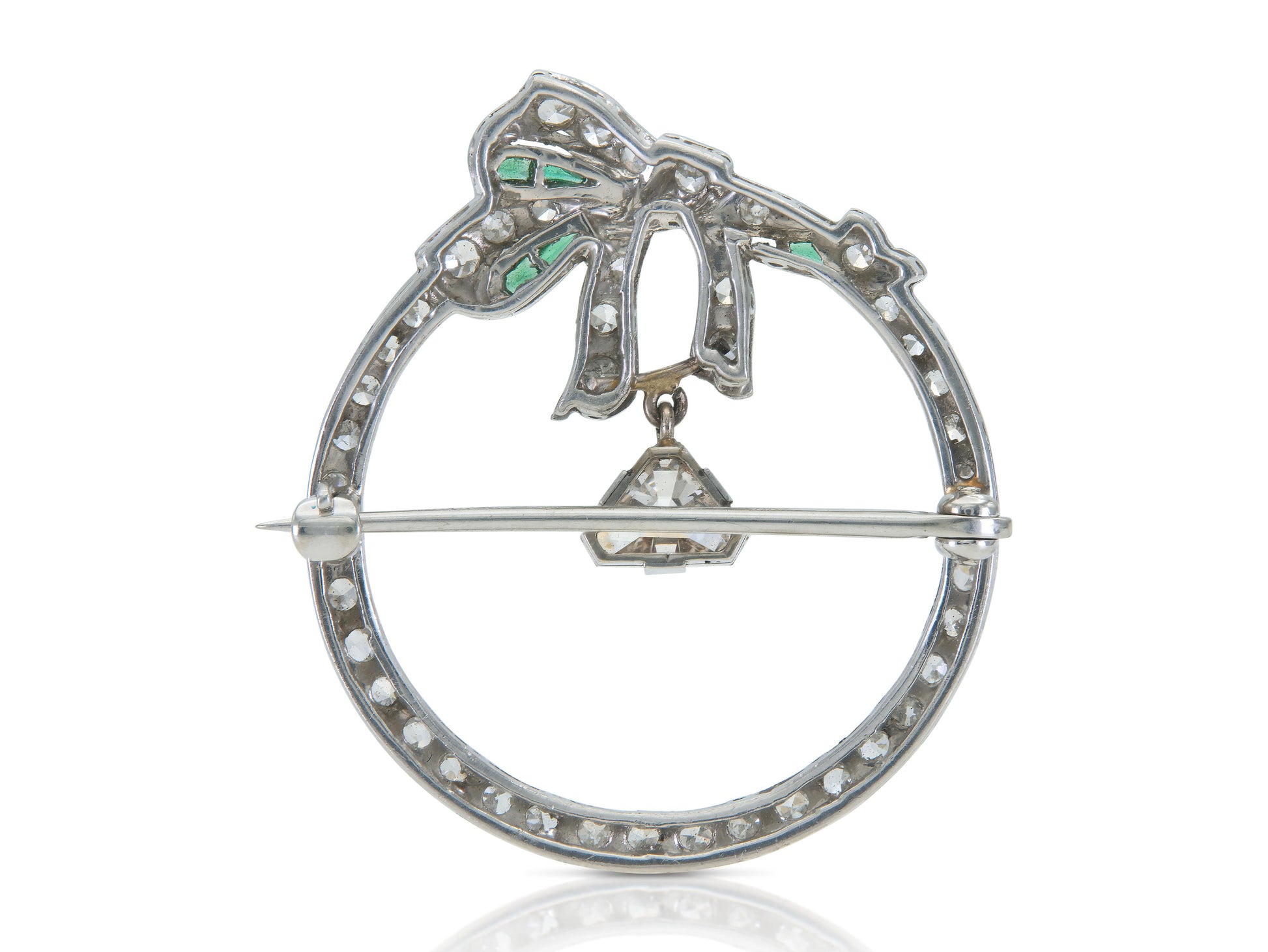 Antique Art Deco 1920s Diamond Circle Bow Brooch with Emeralds