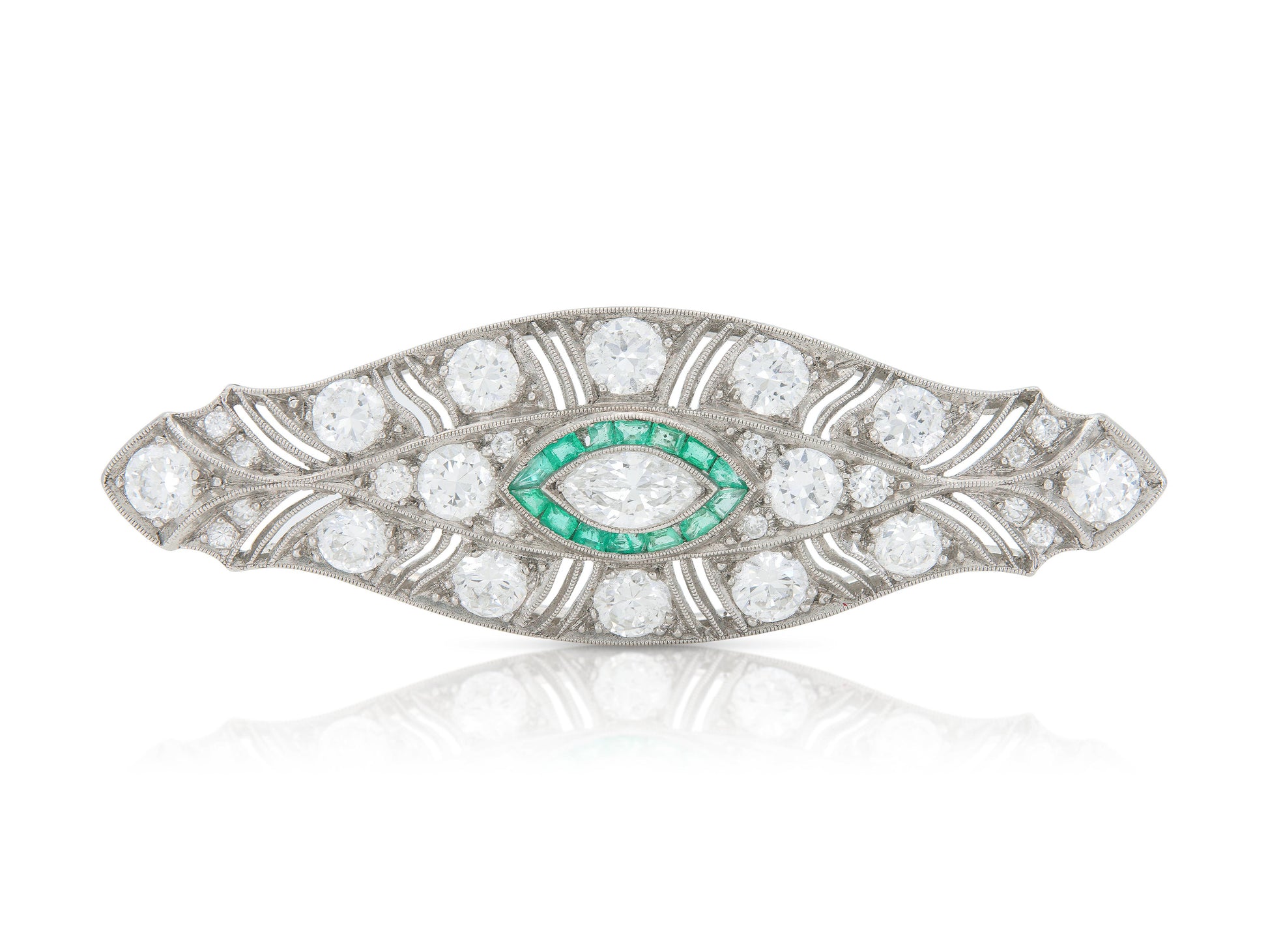 Antique Art Deco 1920s 5.70 Carat Diamond Brooch with Emeralds
