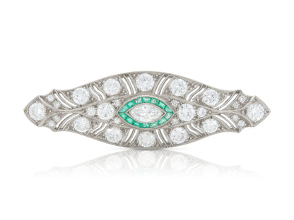 Antique Art Deco 1920s 5.70 Carat Diamond Brooch with Emeralds