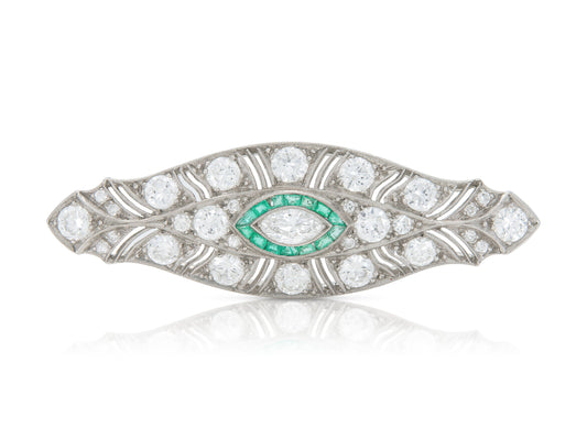 Antique Art Deco 1920s 5.70 Carat Diamond Brooch with Emeralds