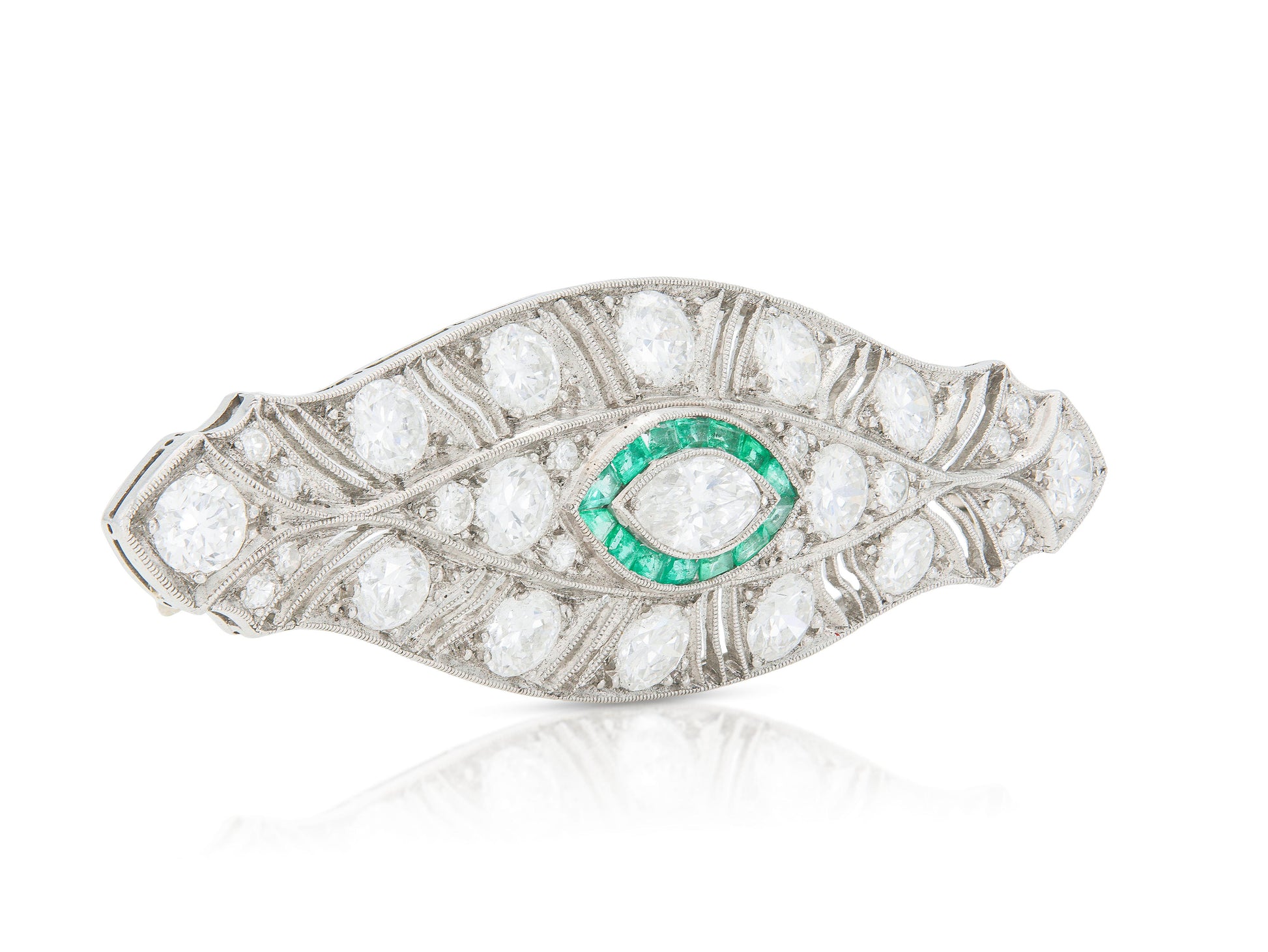 Antique Art Deco 1920s 5.70 Carat Diamond Brooch with Emeralds