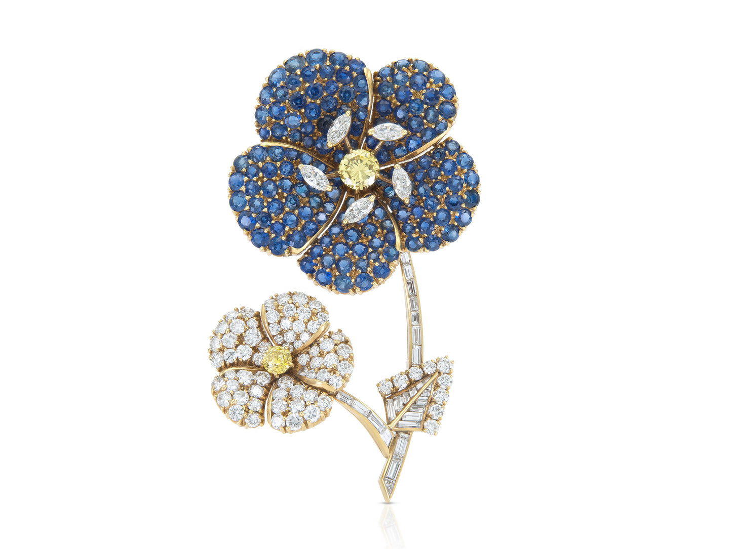 Vintage 1950s Cartier Sapphire and Diamond Double Flower Clip Brooch