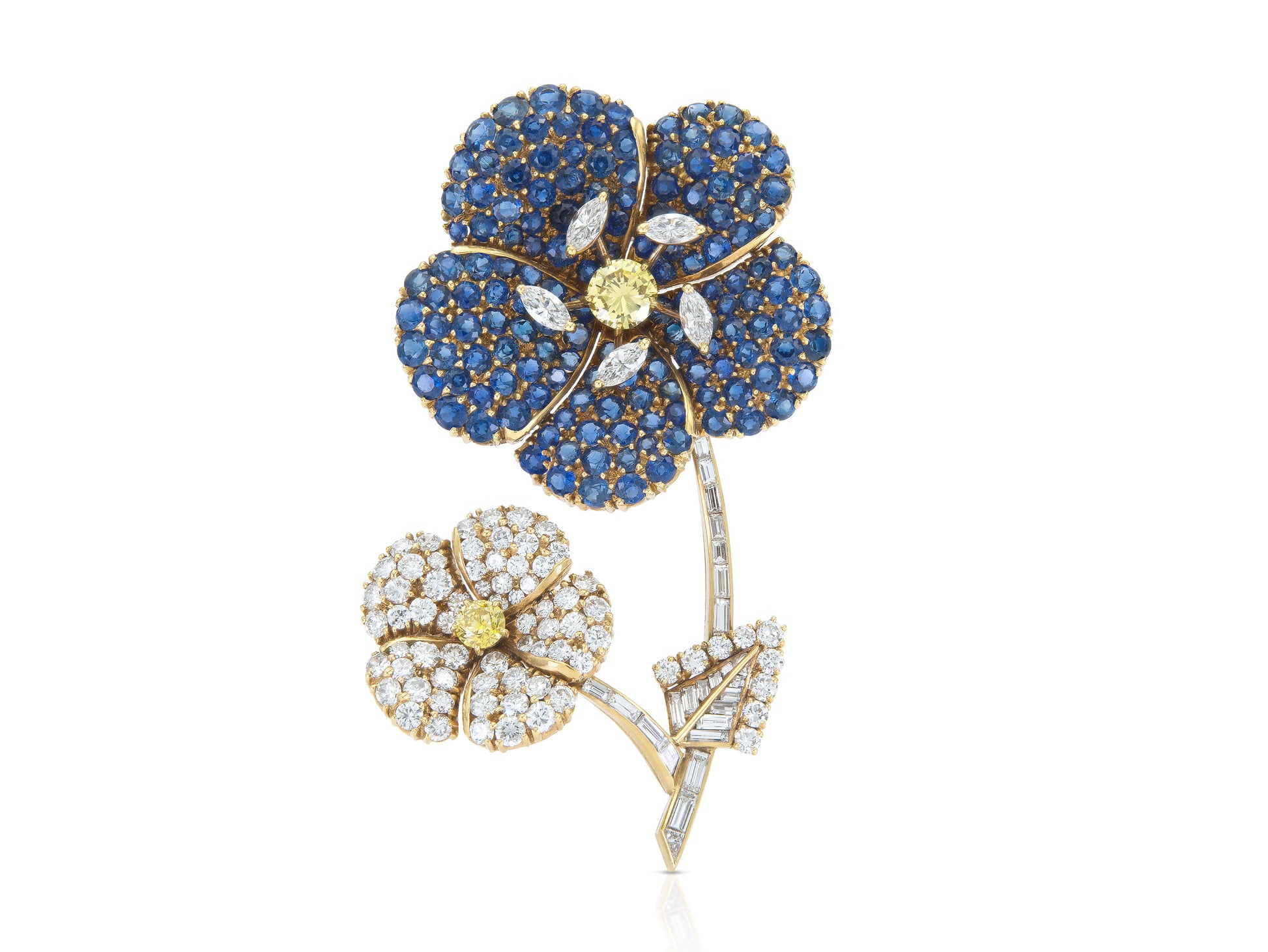 Vintage 1950s Cartier Sapphire and Diamond Double Flower Clip Brooch