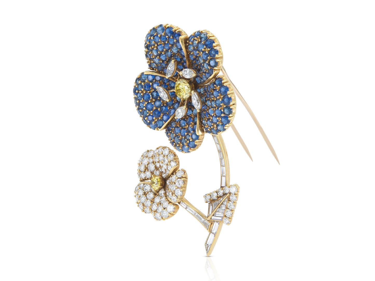 Vintage 1950s Cartier Sapphire and Diamond Double Flower Clip Brooch