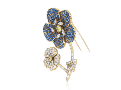 Vintage 1950s Cartier Sapphire and Diamond Double Flower Clip Brooch