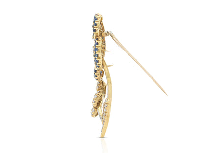 Vintage 1950s Cartier Sapphire and Diamond Double Flower Clip Brooch