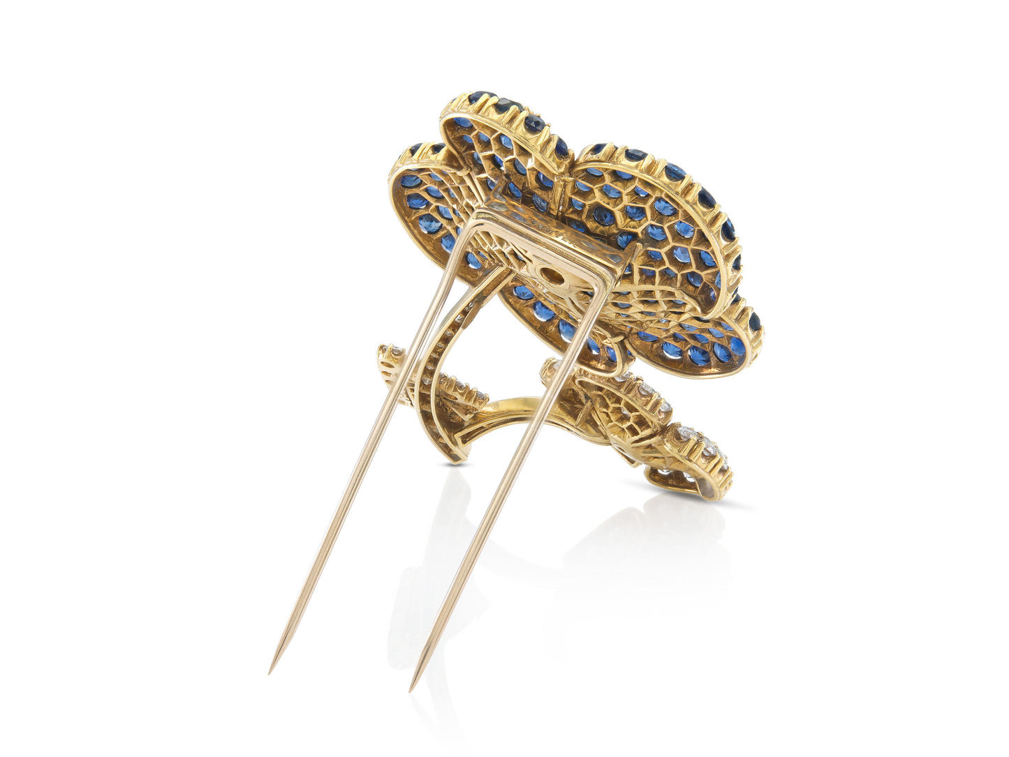 Vintage 1950s Cartier Sapphire and Diamond Double Flower Clip Brooch