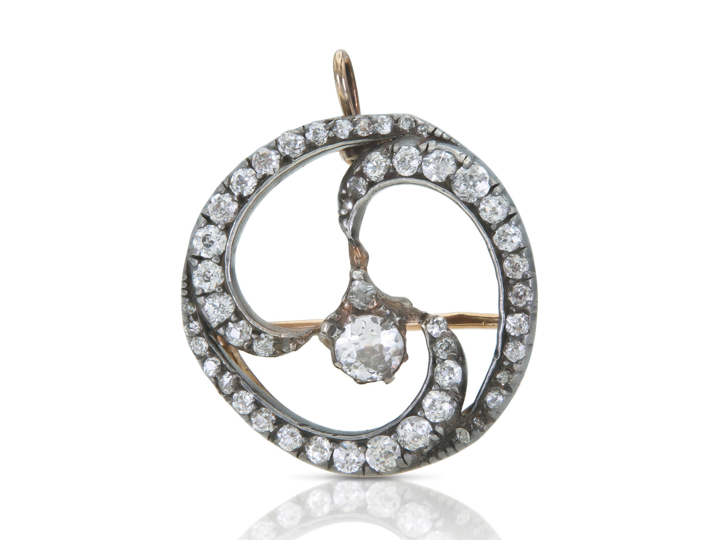Antique Victorian 2.60 Carat Diamond Swirl Circle Brooch Pendant