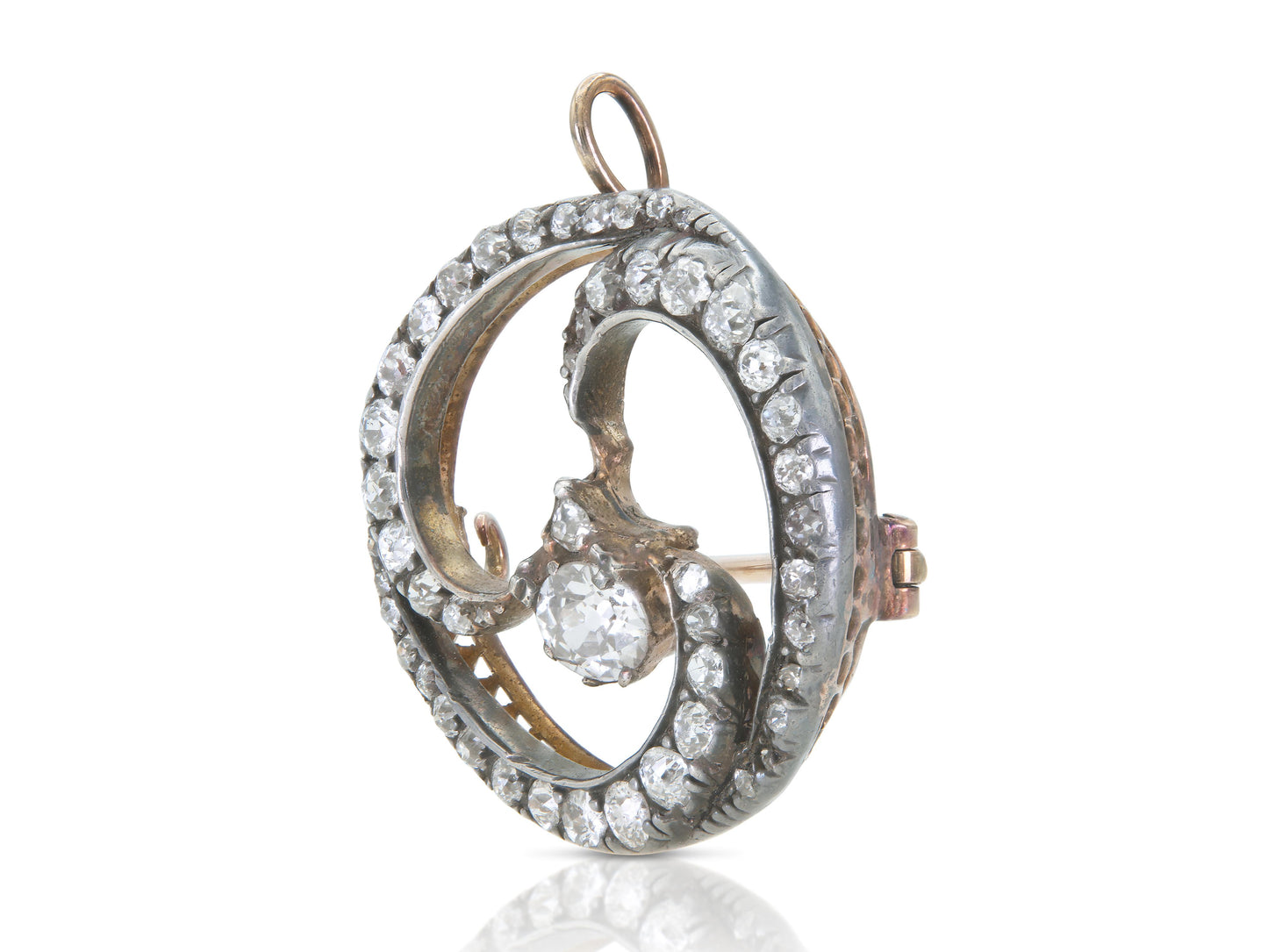 Antique Victorian 2.60 Carat Diamond Swirl Circle Brooch Pendant