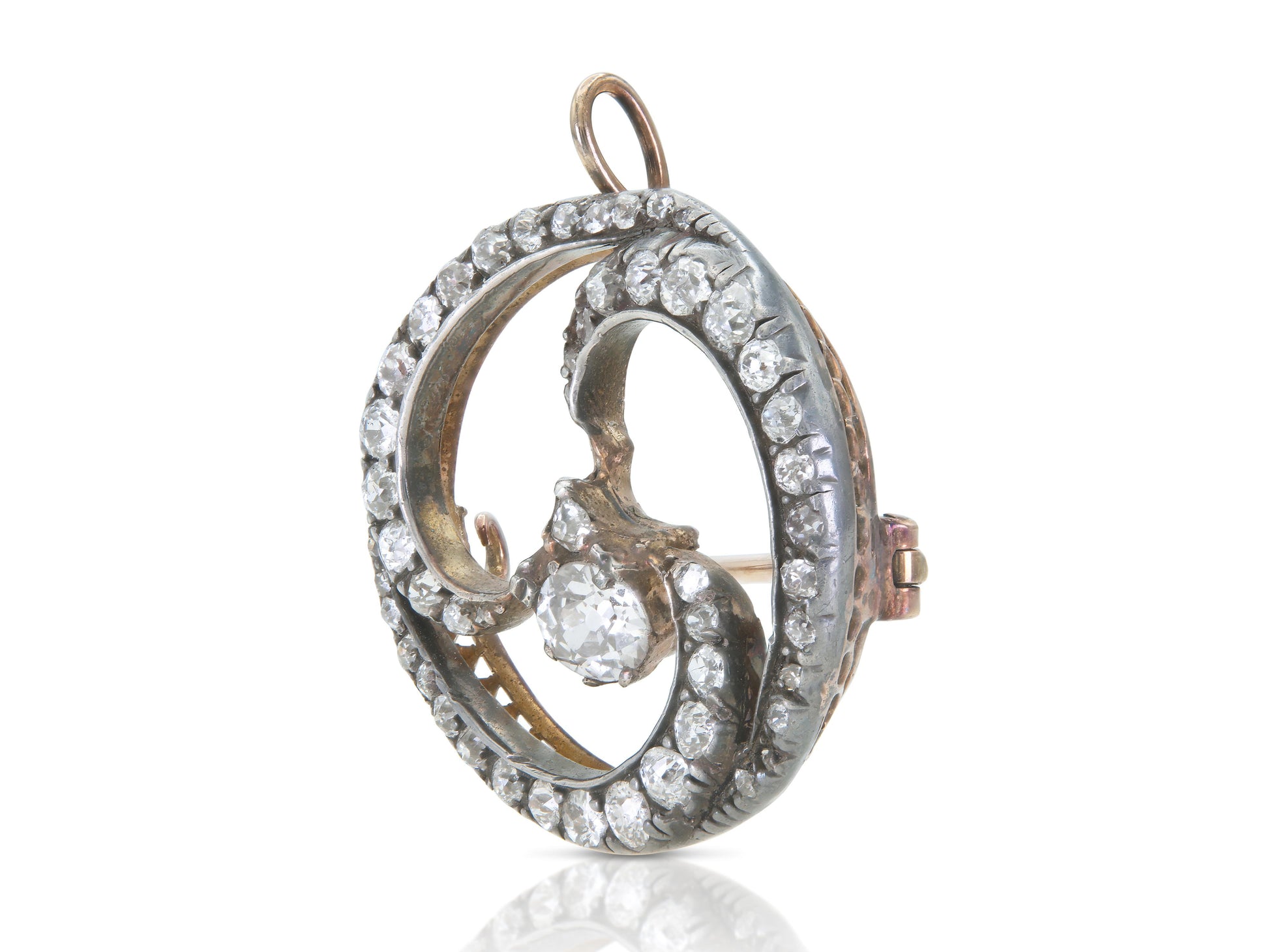 Antique Victorian 2.60 Carat Diamond Swirl Circle Brooch Pendant